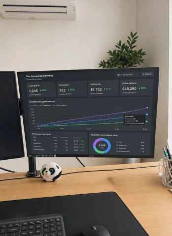 Écran affichant un tableau de bord marketing avec indicateurs de performance, graphique de croissance et résultats en hausse