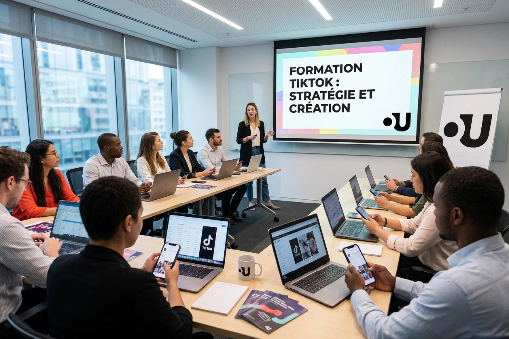 Formation TikTok en entreprise avec présentation stratégique, ordinateurs et smartphones