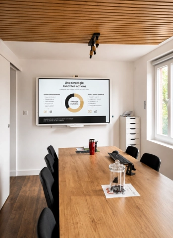 Salle de réunion de l’agence you’Nivers avec présentation d’une stratégie marketing affichée sur écran