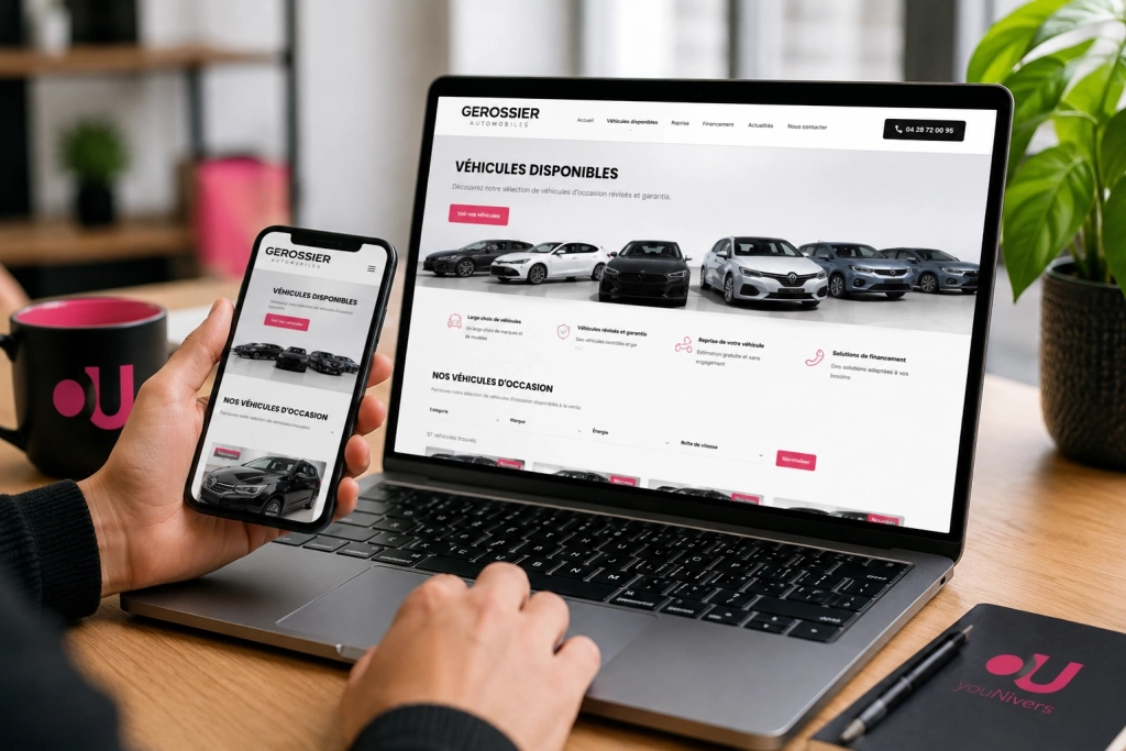 Personne consultant le site Gérossier Automobiles sur ordinateur et smartphone, illustrant l’importance d’un site internet pour les clients.