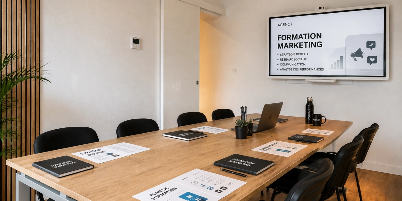 Salle de formation marketing chez you’Nivers avec supports pédagogiques, écran de présentation et espace de travail collaboratif