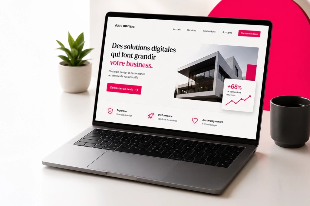 Illustration pour l’article You’nivers « 10 conseils pour un site internet qui convertit » avec écran d’ordinateur, éléments webmarketing et dominante rose.