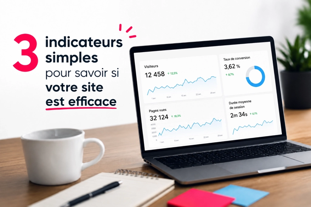 Ordinateur portable affichant un tableau de bord d’analytics web avec les indicateurs de visiteurs, taux de conversion, pages vues et durée de session.