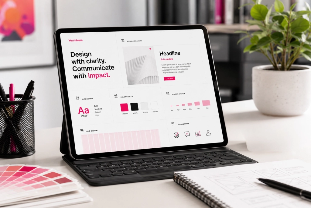 Illustration d’une interface de design éditorial montrant comment améliorer la lisibilité et la clarté des visuels grâce à la hiérarchie, la typographie et l’espacement.