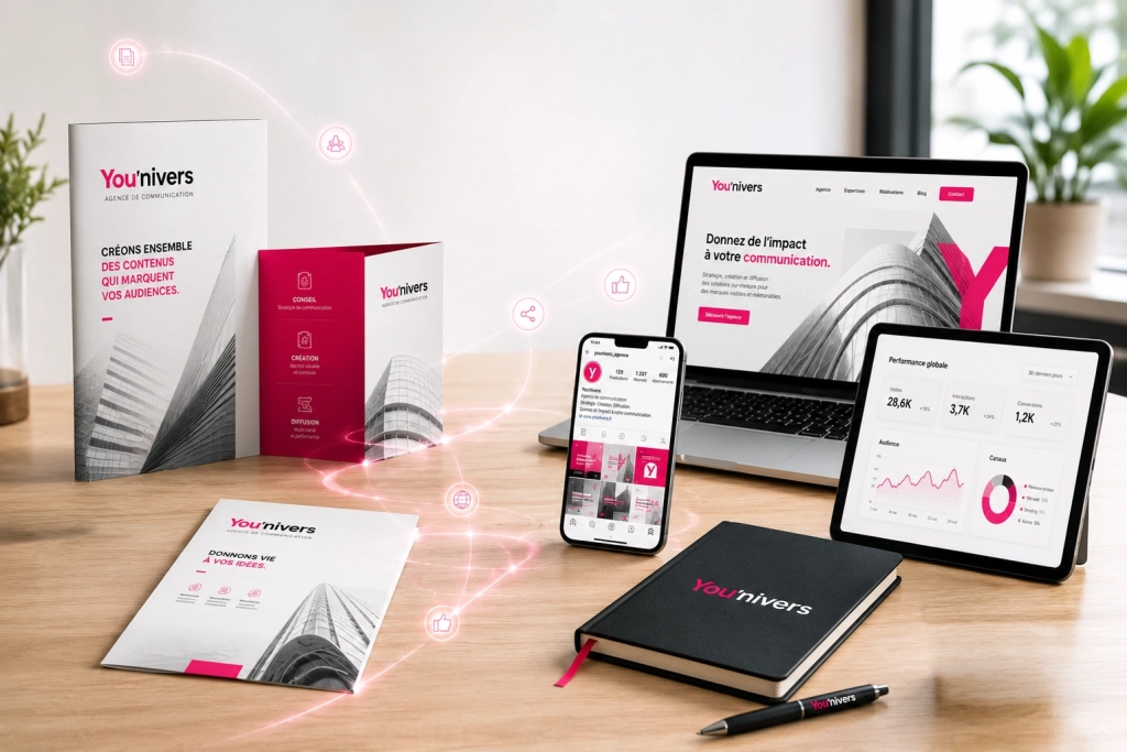 Illustration de supports print et digitaux You’nivers combinés pour renforcer la visibilité d’une entreprise sur plusieurs canaux.