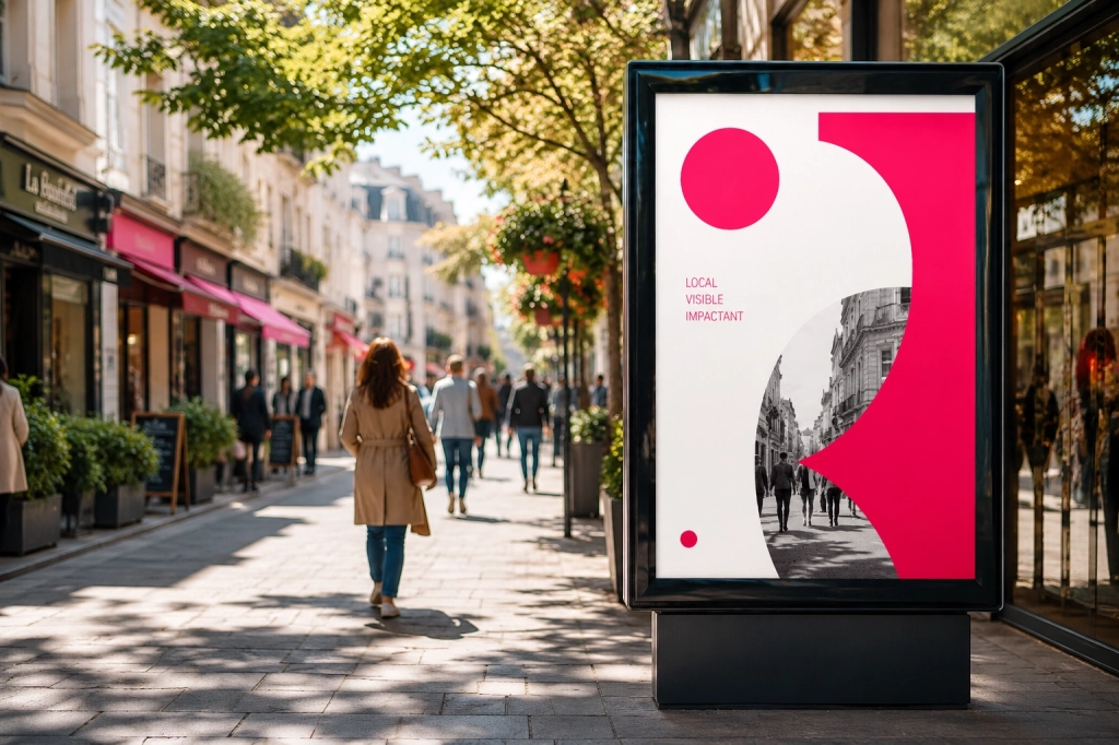 Affiche publicitaire grand format dans une rue ensoleillée, illustrant la visibilité locale pour attirer l’attention des passants.