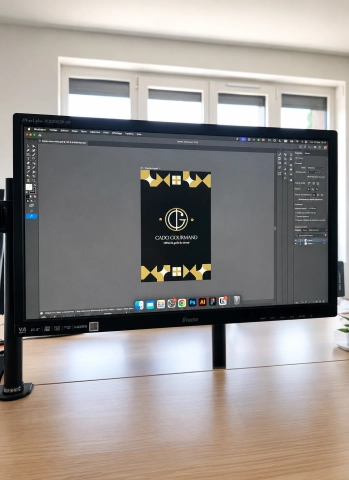 Écran d’ordinateur affichant une création print en cours sur Adobe Illustrator dans un espace de travail professionnel