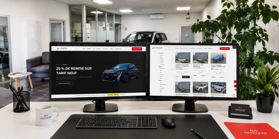 Mockup du site internet Gérossier Automobiles réalisé par l'agence you'nivers affiché sur deux écrans dans l’espace d’accueil du showroom
