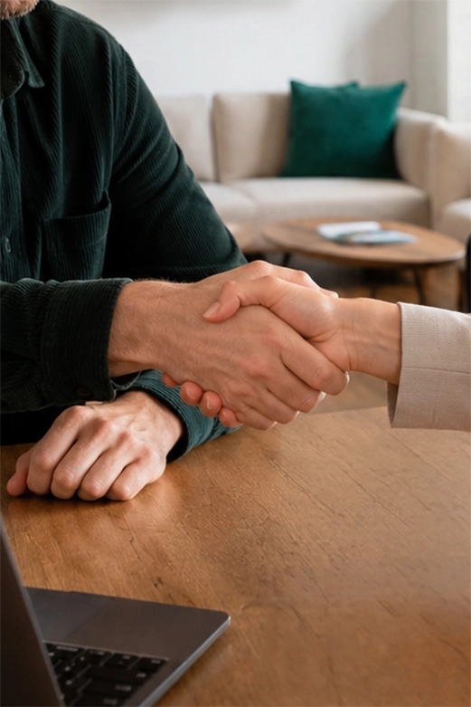 Poignée de main entre un client et l’agence you’Nivers pour symboliser une relation de confiance