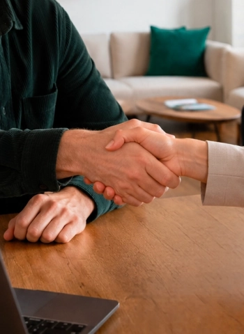 client serrant la main à un membre de l'agence symbolisant la confiance