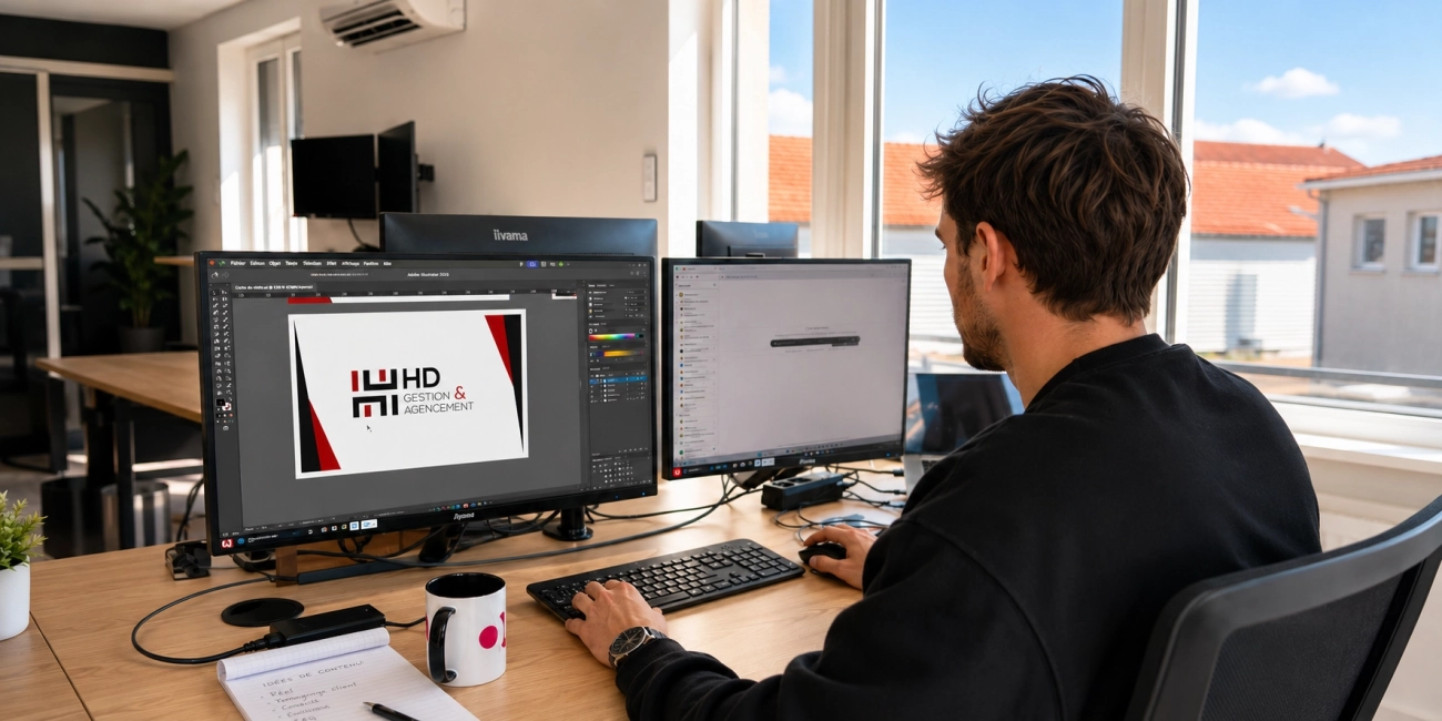 Graphiste au travail dans les locaux de l’agence, avec création de carte de visite affichée sur écran Adobe Illustrator