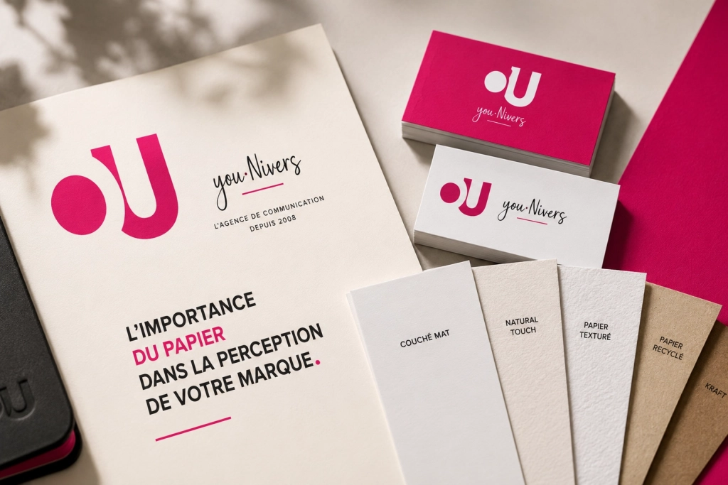 Supports de communication imprimés avec logo You’nivers et différents types de papier, illustrant l’importance du choix du papier dans la perception de marque.