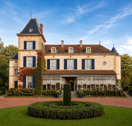 Façade du Domaine de Champlong vue de face, avec jardin soigné et architecture de château mise en valeur