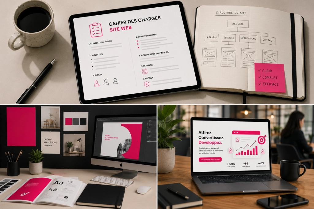 Illustration d’un site internet générant de nouveaux clients grâce à des formulaires de contact, statistiques de conversion et nouveaux leads.