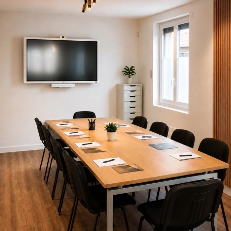 Espace de formation chez you’Nivers avec écran interactif, table de travail et matériel pédagogique