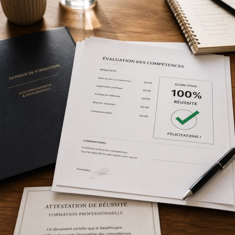 Documents de formation et attestation de réussite illustrant le taux de réussite des formations professionnelles