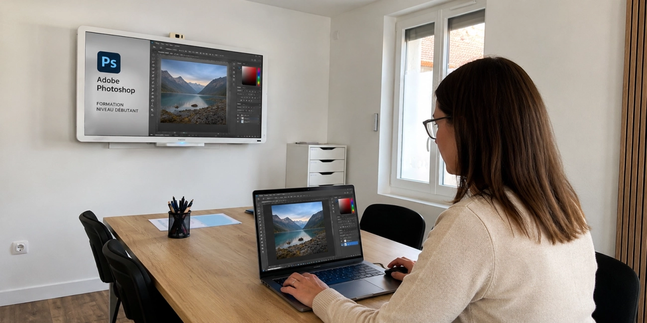Personne en formation Photoshop dans la salle de formation de l’agence you’Nivers