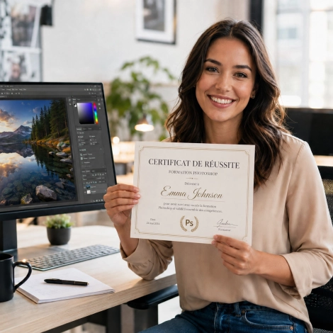 Personne souriante tenant un certificat Qualiopi dans un environnement professionnel de formation
