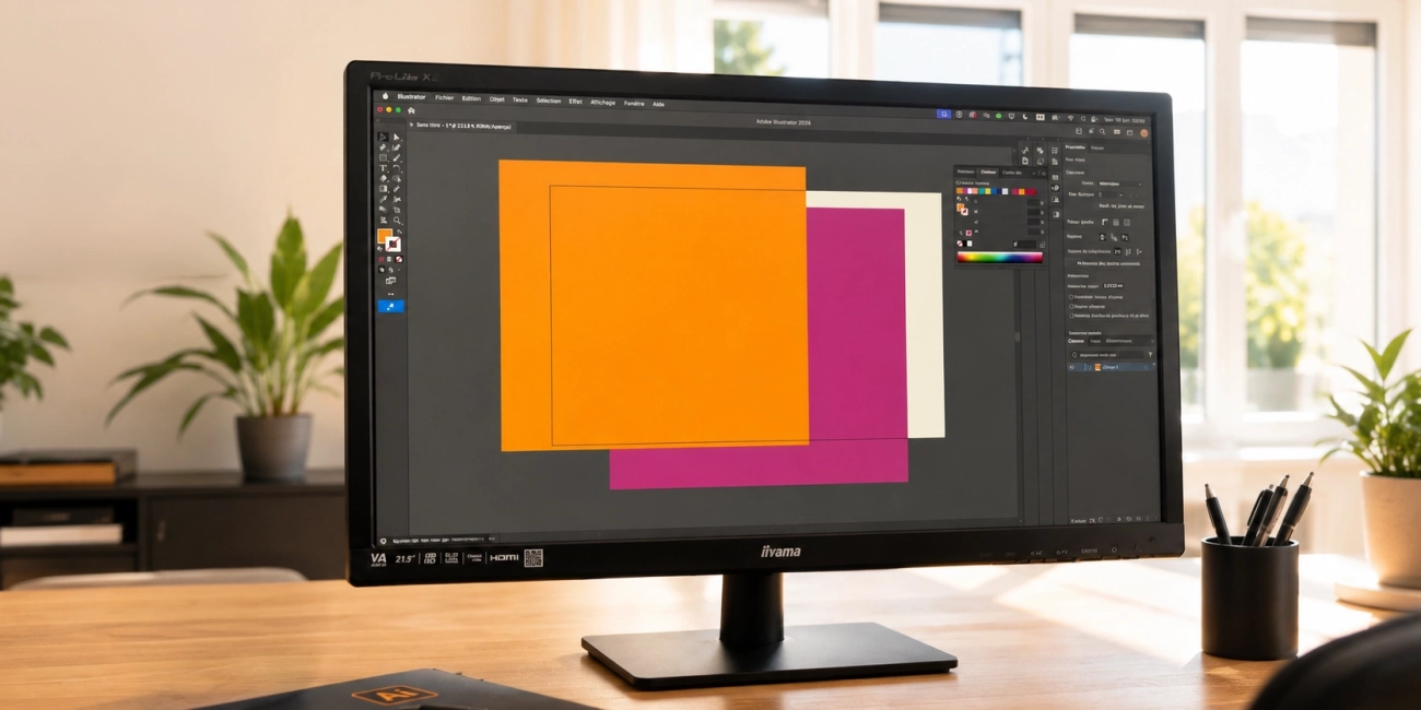 Écran affichant Adobe Illustrator avec formes colorées dans un espace de création graphique lumineux