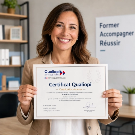 femme souriante avec un certificat Qualiopi dans les mains après obtention suite à une formation au sein de l'agence you'nivers