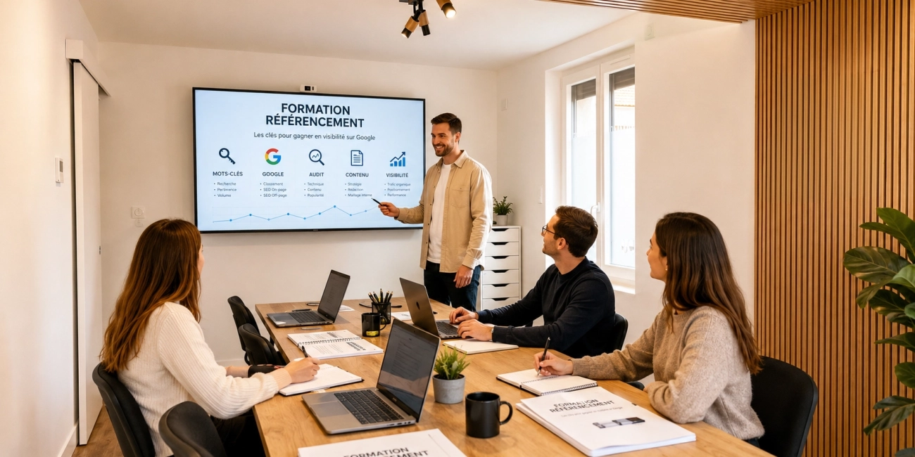Session de formation au référencement dans les locaux de l’agence you’Nivers avec présentation sur écran et participants en apprentissage
