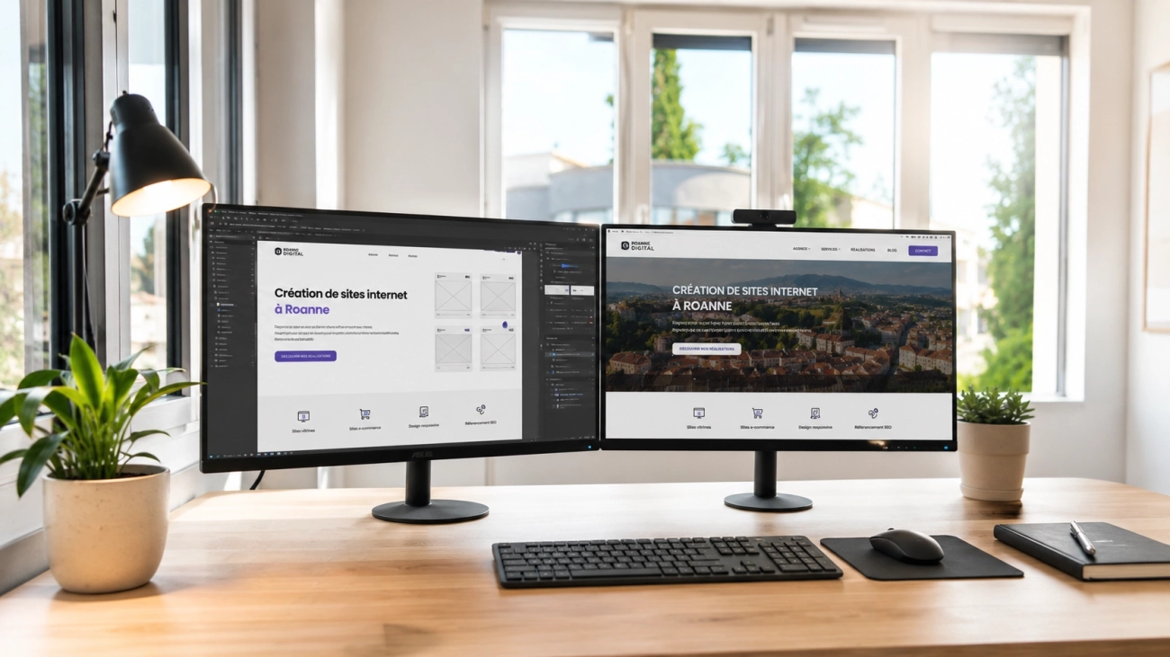 Poste de travail dans les locaux de you’Nivers avec écrans dédiés à la création de site internet à Roanne