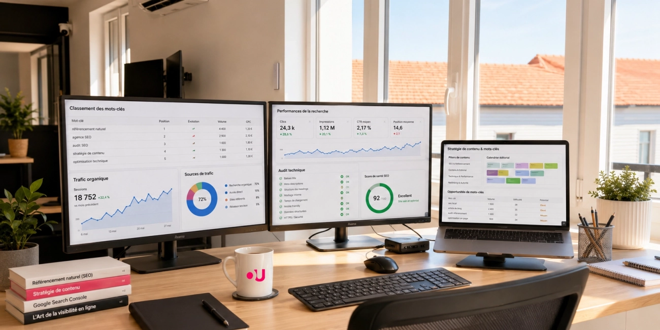 Poste de travail dédié au référencement SEO avec écrans d’analyse, suivi des mots-clés et stratégie de visibilité en ligne