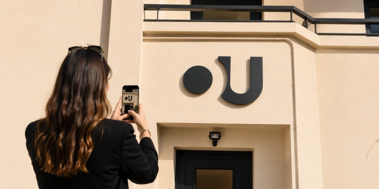 Femme photographiant de dos la façade de l’agence you’Nivers pour la création de contenu réseaux sociaux