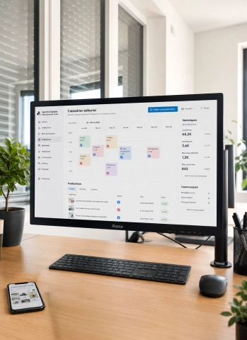 Écran d’ordinateur affichant un calendrier éditorial et un tableau de bord de gestion des réseaux sociaux dans les locaux de l’agence