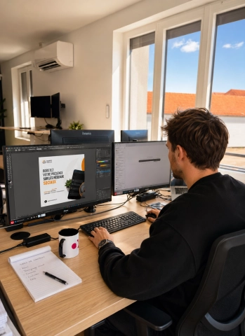 Graphiste travaillant sur Illustrator dans les locaux de l’agence pour créer un visuel destiné aux réseaux sociaux d’un client