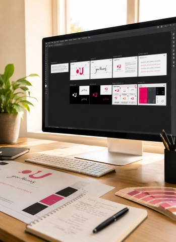Poste de travail graphique affichant une charte visuelle et des déclinaisons de logo sur écran dans un espace créatif lumineux