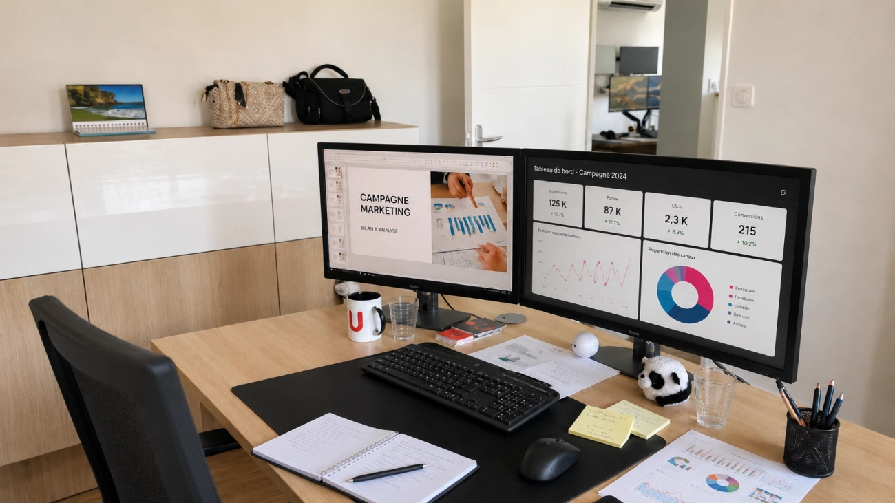 Bureau marketing dans les locaux de l’agence avec tableau de bord de campagne, analyses de performance et supports de travail