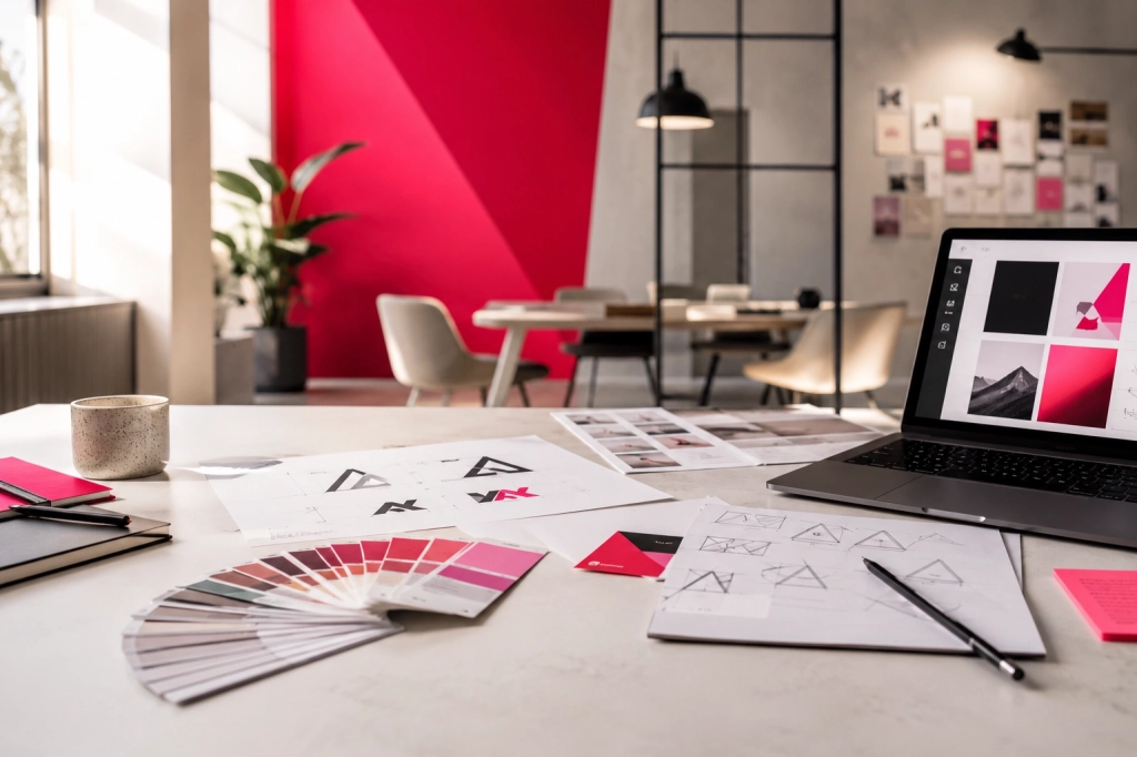 Illustration d’une stratégie de rebranding avec palette de couleurs, recherches de logo et direction artistique dans un espace créatif moderne.
