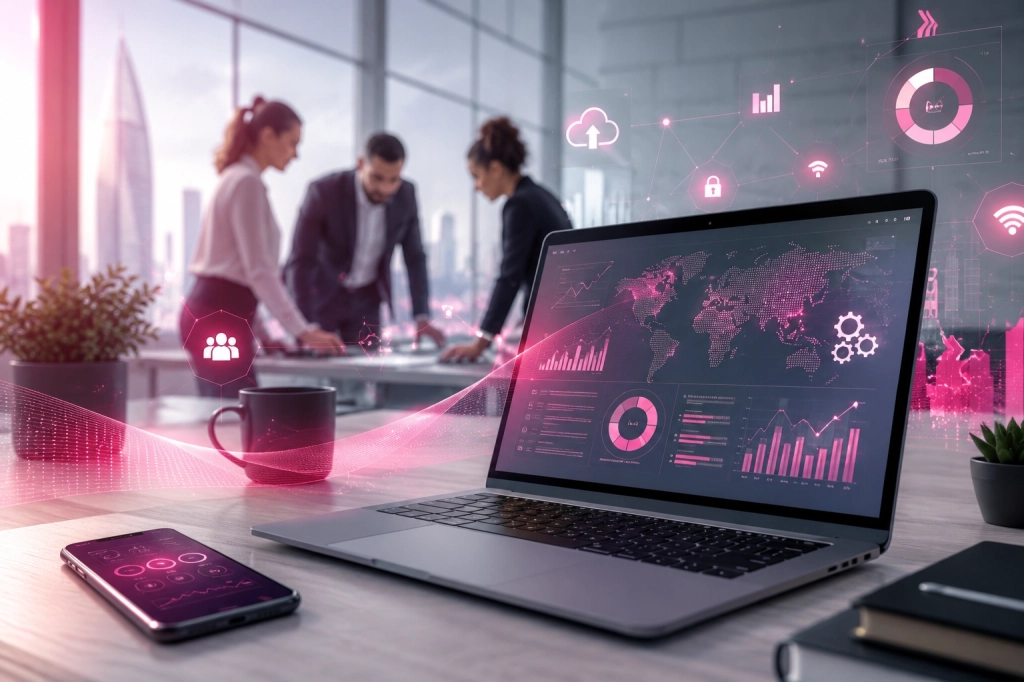 Illustration de la transformation digitale des entreprises avec ordinateur, smartphone, tableaux de bord et collaboration en environnement professionnel.