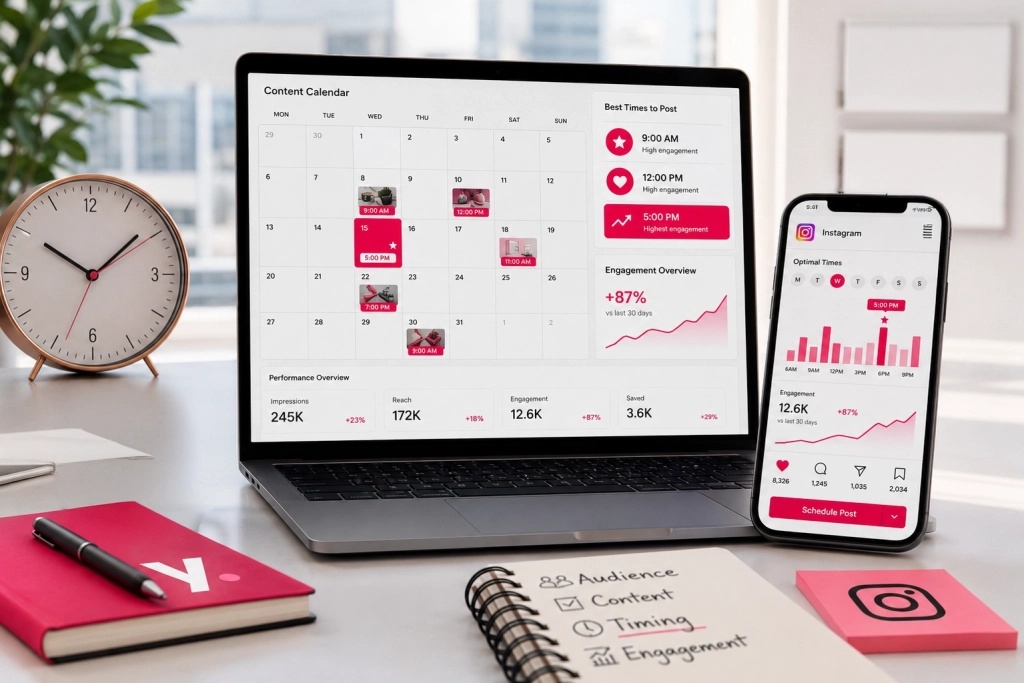 Illustration d’un calendrier éditorial Instagram avec ordinateur, smartphone, statistiques d’engagement et horaires optimaux de publication.