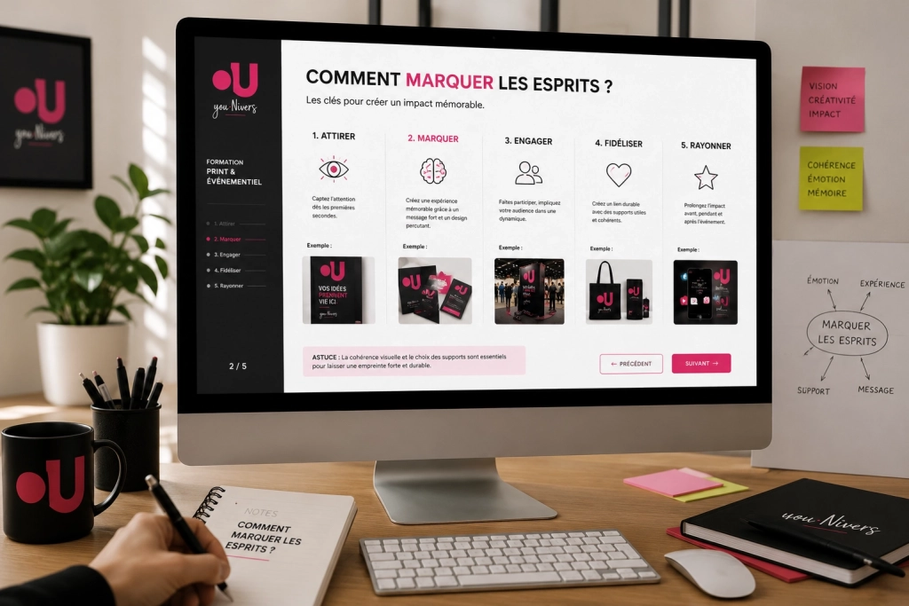 Écran d’ordinateur affichant une formation sur comment marquer les esprits, avec supports print et stratégie de communication visuelle.