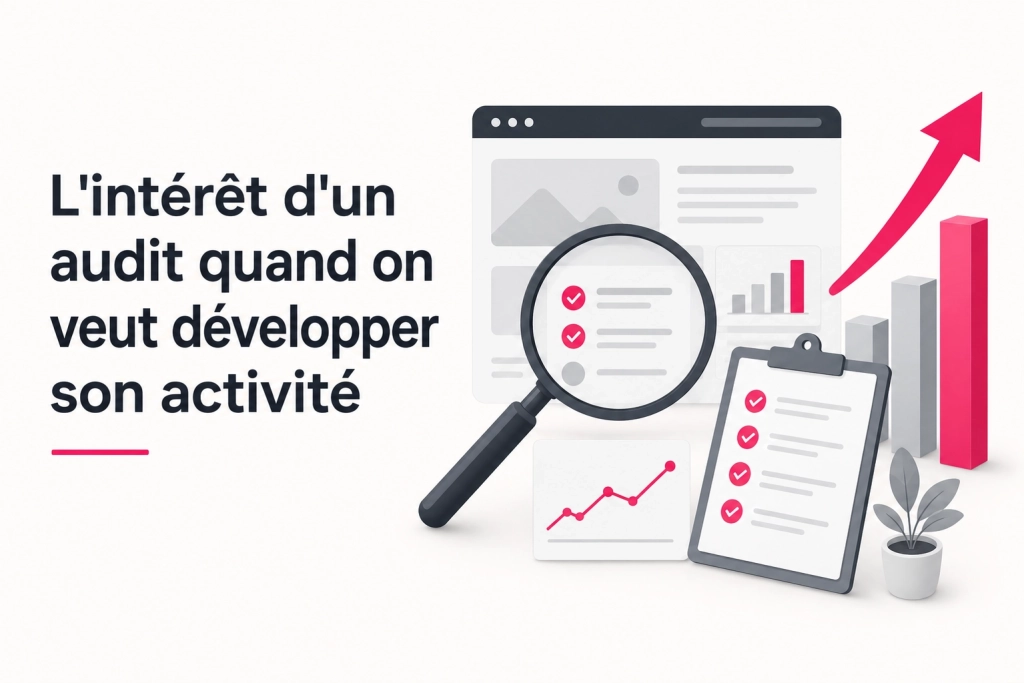 Illustration d’un audit stratégique avec une loupe, une checklist, des graphiques de performance et une flèche de croissance rose.