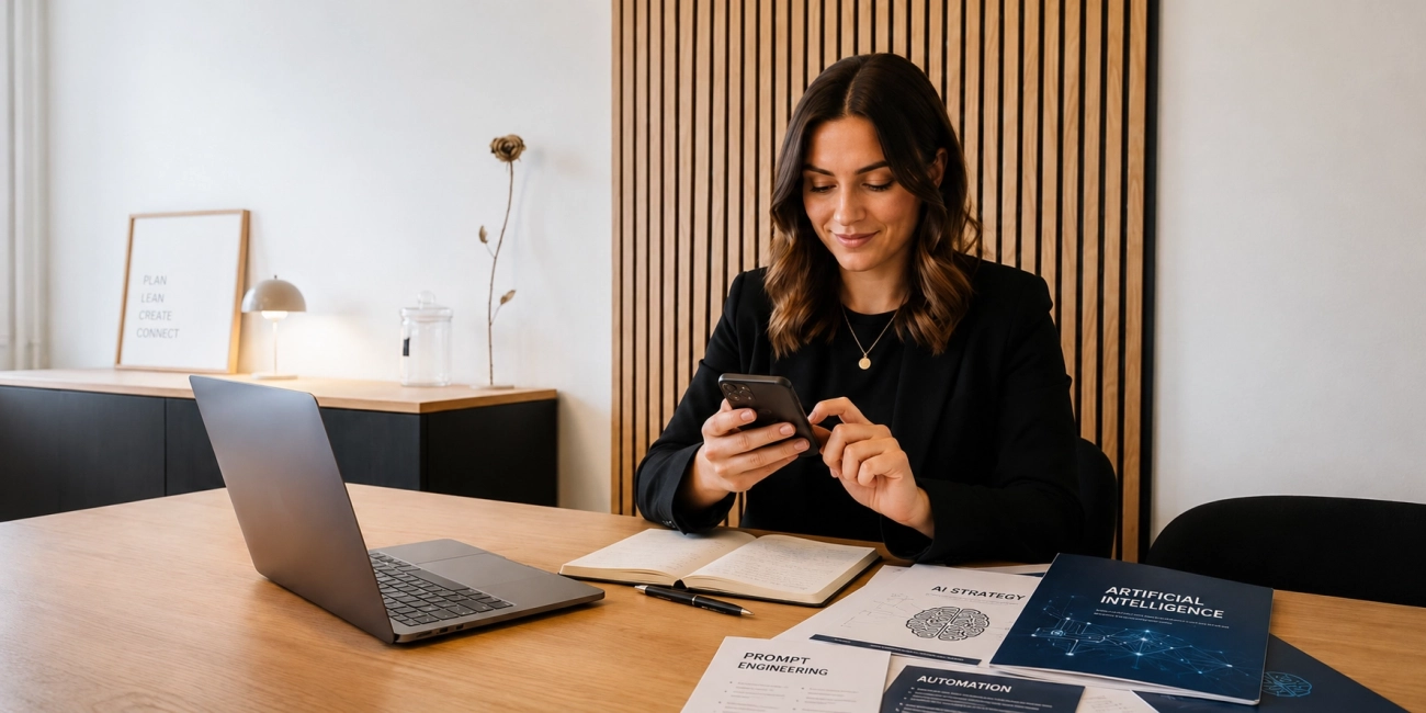 Femme travaillant sur smartphone avec documents sur l’intelligence artificielle dans un bureau moderne.
