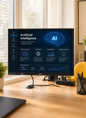 Écran d’ordinateur affichant un tableau de bord sur l’intelligence artificielle dans un espace de travail lumineux.