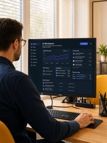 Professionnel travaillant sur un ordinateur affichant une interface de gestion de projets en intelligence artificielle.
