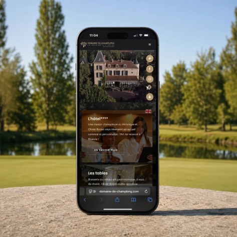 Mockup du site internet du Domaine de Champlong affiché sur un iPhone dernière génération, au centre d’un décor extérieur du domaine.
