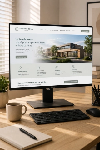 Écran d’ordinateur affichant le site internet du Hameau Médical de Villerest dans un bureau moderne et lumineux.