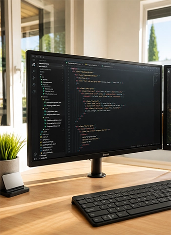 Écran d’ordinateur affichant du code de développement web dans l’espace de travail de l’agence you’Nivers